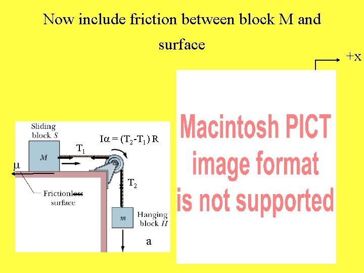 Now include friction between block M and surface +x -y new equation T 1