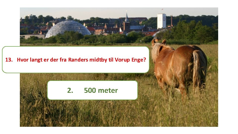 13. Hvor langt er der fra Randers midtby til Vorup Enge? 2. 500 meter