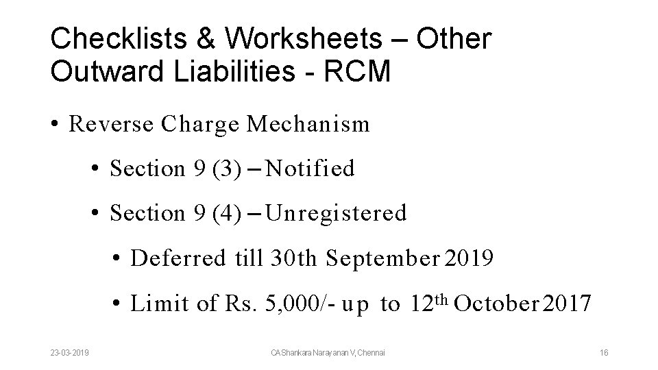 Checklists & Worksheets – Other Outward Liabilities - RCM • Reverse Charge Mechanism •