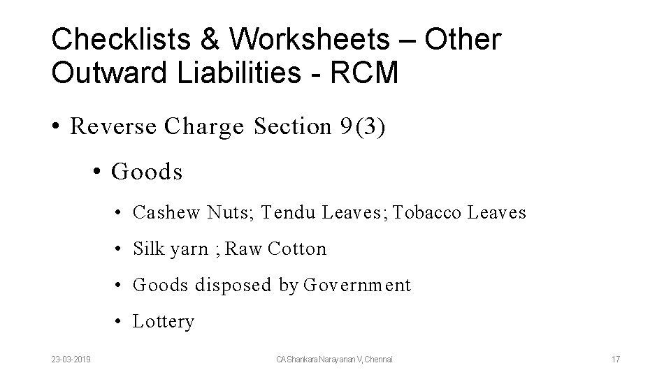 Checklists & Worksheets – Other Outward Liabilities - RCM • Reverse Charge Section 9