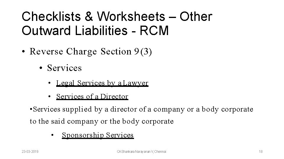 Checklists & Worksheets – Other Outward Liabilities - RCM • Reverse Charge Section 9