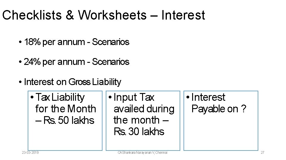 Checklists & Worksheets – Interest • 18% per annum - Scenarios • 24% per