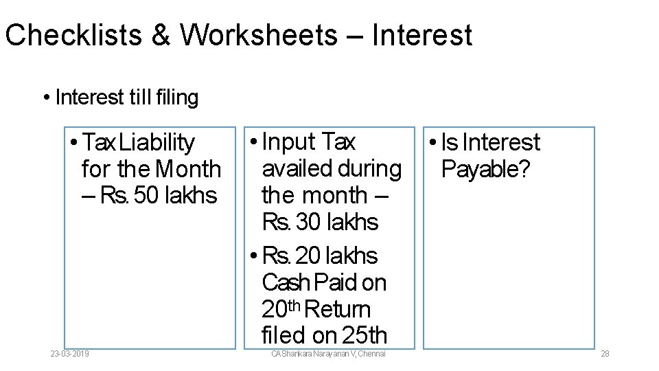 Checklists & Worksheets – Interest • Interest till filing • Tax Liability for the