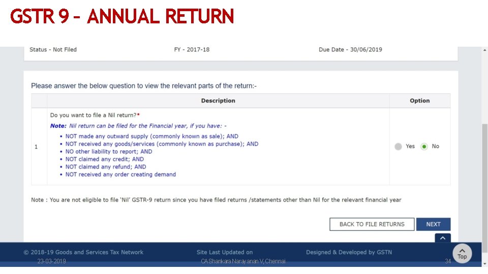 GSTR 9 – ANNUAL RETURN 23 -03 -2019 CAShankara Narayanan V, Chennai 34 