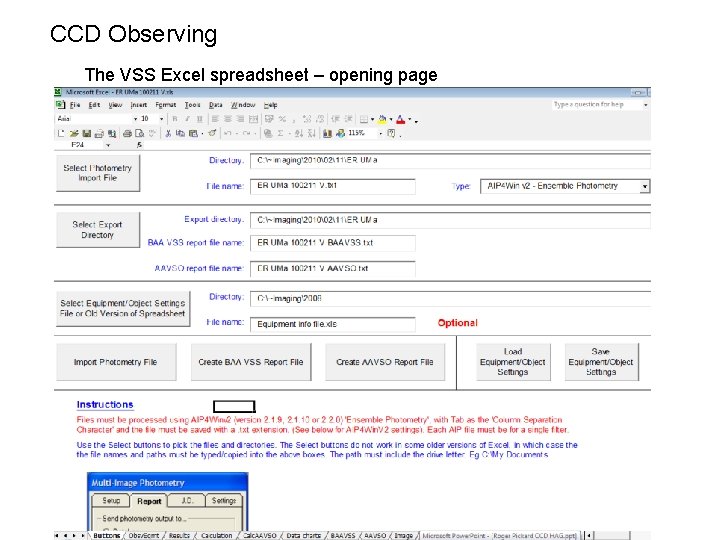 CCD Observing The VSS Excel spreadsheet – opening page 