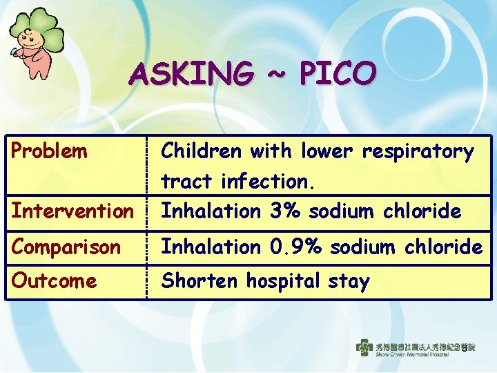 ASKING ~ PICO Problem Intervention Children with lower respiratory tract infection. Inhalation 3% sodium