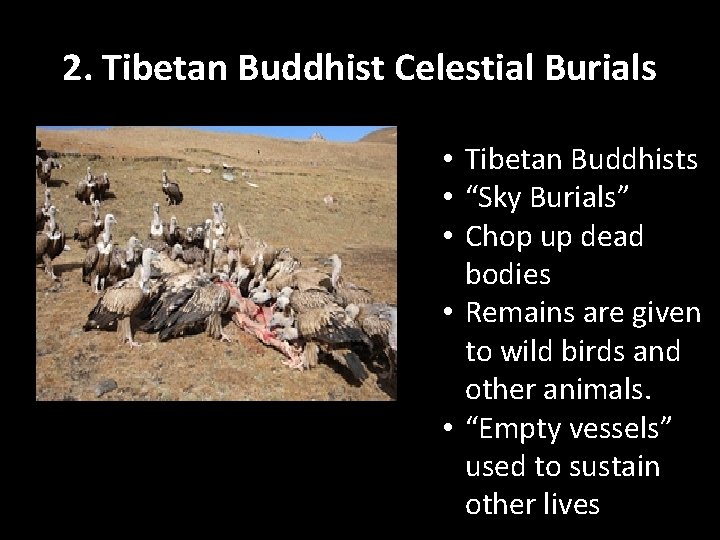 2. Tibetan Buddhist Celestial Burials • Tibetan Buddhists • “Sky Burials” • Chop up