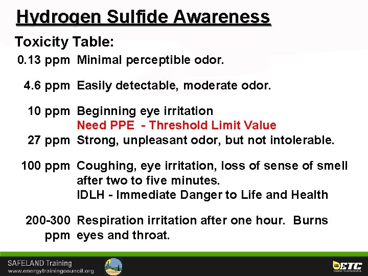 Hydrogen Sulfide Awareness Toxicity Table: 0. 13 ppm Minimal perceptible odor. 4. 6 ppm