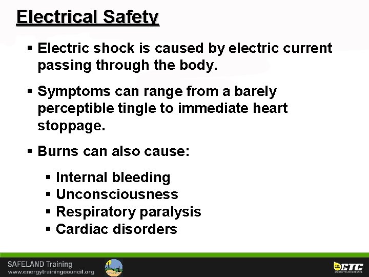 Electrical Safety § Electric shock is caused by electric current passing through the body.