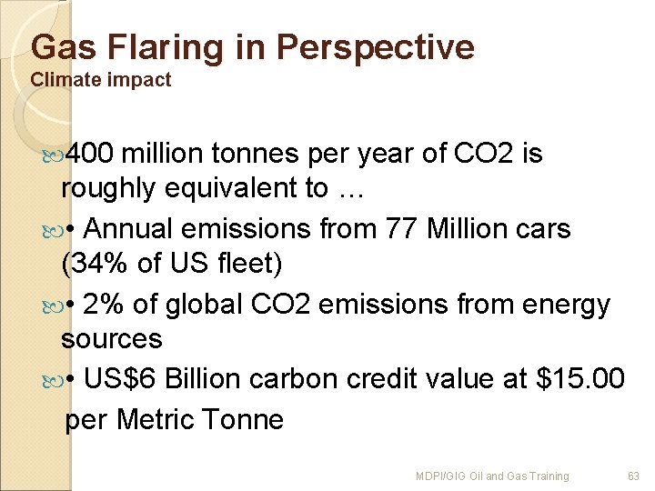 Gas Flaring in Perspective Climate impact 400 million tonnes per year of CO 2