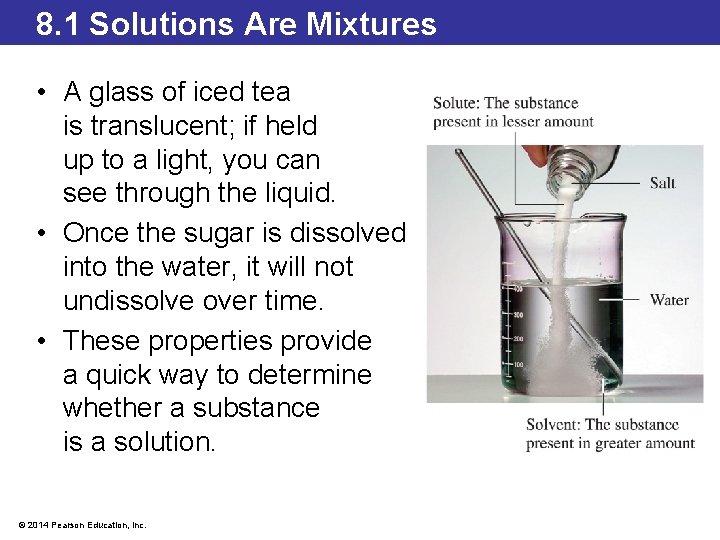 8. 1 Solutions Are Mixtures • A glass of iced tea is translucent; if