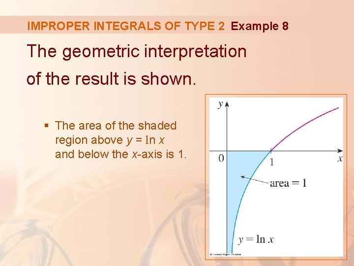 IMPROPER INTEGRALS OF TYPE 2 Example 8 The geometric interpretation of the result is