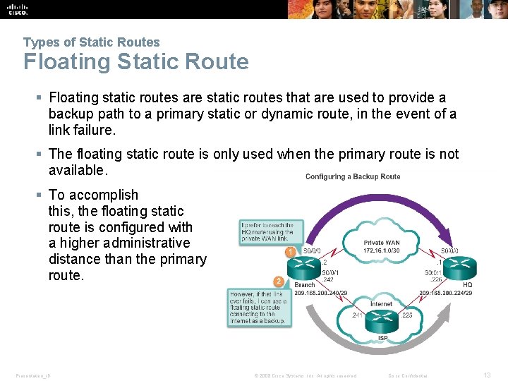 Types of Static Routes Floating Static Route § Floating static routes are static routes