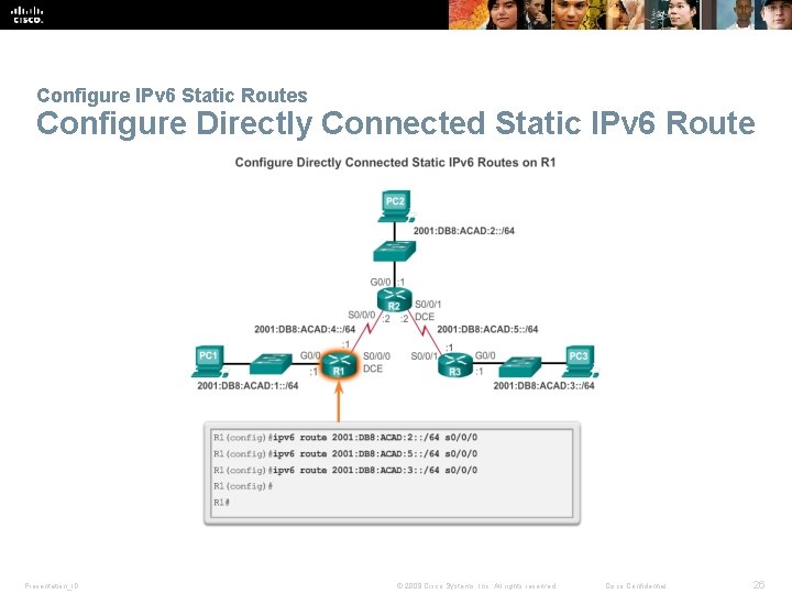 Configure IPv 6 Static Routes Configure Directly Connected Static IPv 6 Route Presentation_ID ©
