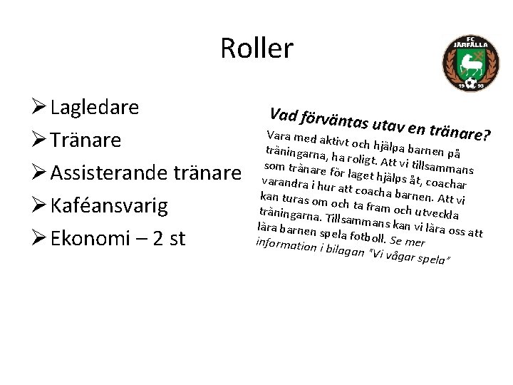 Roller Ø Lagledare Ø Tränare Ø Assisterande tränare Ø Kaféansvarig Ø Ekonomi – 2
