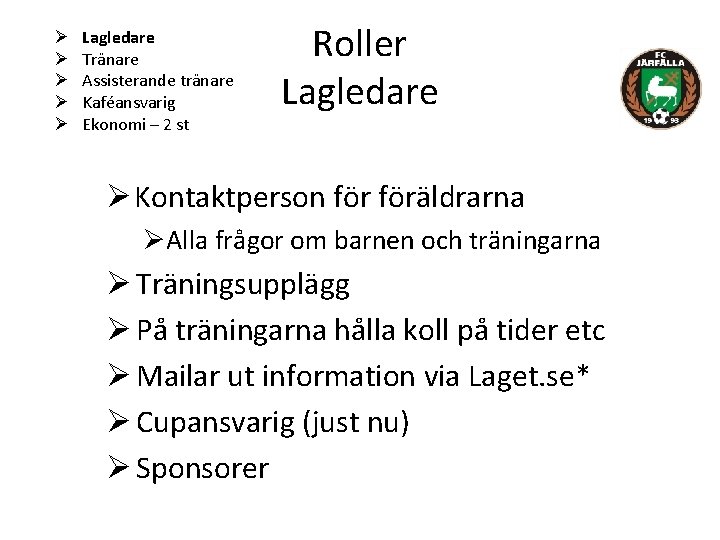 Ø Ø Ø Lagledare Tränare Assisterande tränare Kaféansvarig Ekonomi – 2 st Roller Lagledare