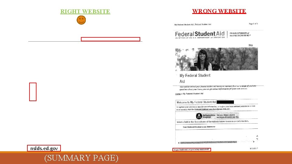 RIGHT WEBSITE nslds. ed. gov (SUMMARY PAGE) WRONG WEBSITE 