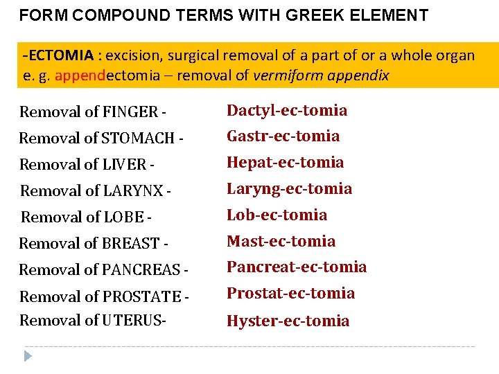 FORM COMPOUND TERMS WITH GREEK ELEMENT -ECTOMIA : excision, surgical removal of a part