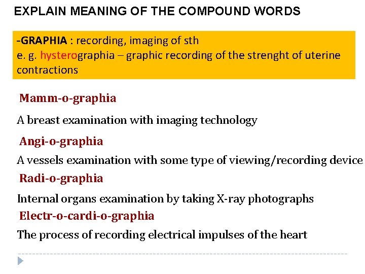 EXPLAIN MEANING OF THE COMPOUND WORDS -GRAPHIA : recording, imaging of sth e. g.