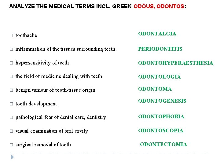 ANALYZE THE MEDICAL TERMS INCL. GREEK ODÓUS, ODONTOS: � toothache ODONTALGIA � inflammation of