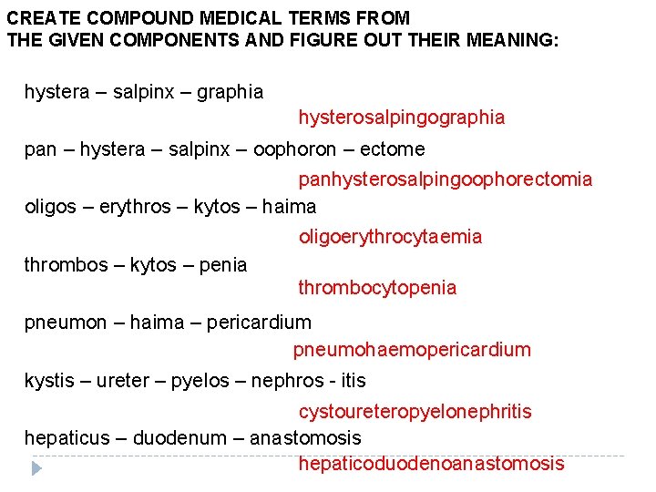 CREATE COMPOUND MEDICAL TERMS FROM THE GIVEN COMPONENTS AND FIGURE OUT THEIR MEANING: hystera