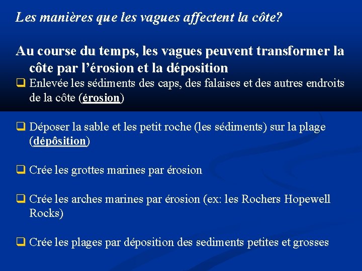 Les manières que les vagues affectent la côte? Au course du temps, les vagues