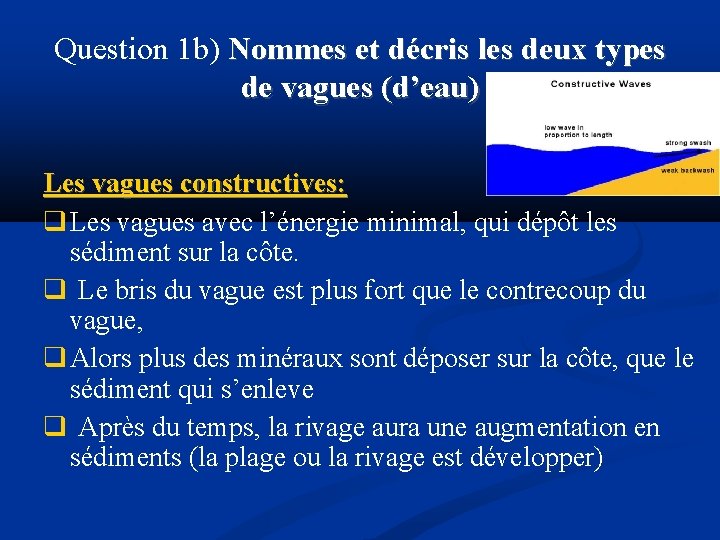 Question 1 b) Nommes et décris les deux types de vagues (d’eau) Les vagues