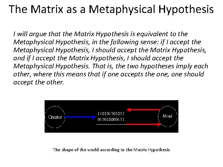 The Matrix as a Metaphysical Hypothesis I will argue that the Matrix Hypothesis is