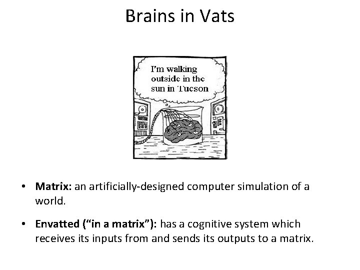 Brains in Vats • Matrix: an artificially-designed computer simulation of a world. • Envatted