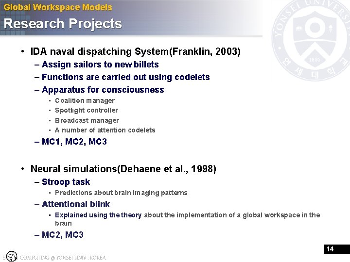 Global Workspace Models Research Projects • IDA naval dispatching System(Franklin, 2003) – Assign sailors