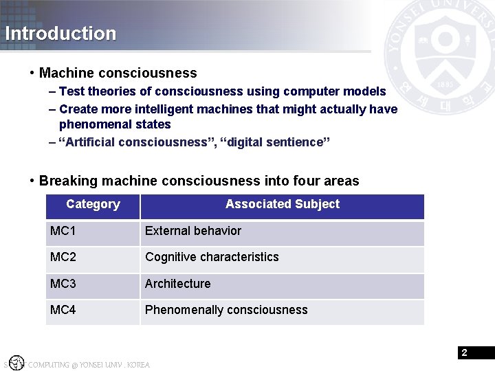 Introduction • Machine consciousness – Test theories of consciousness using computer models – Create