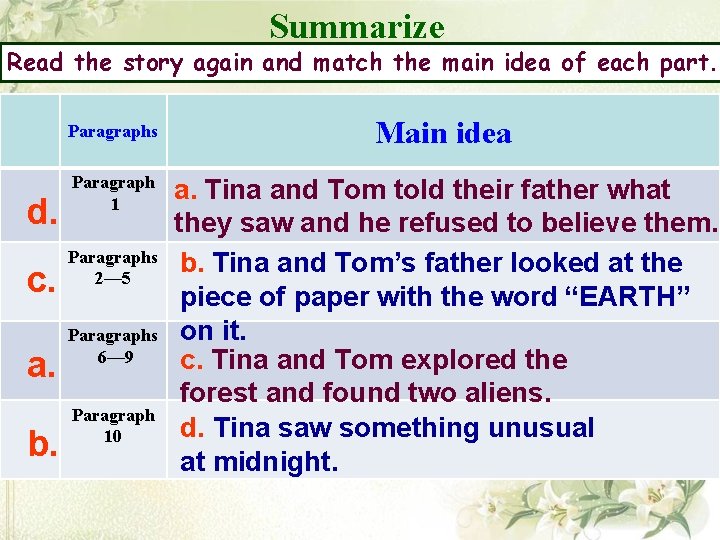 Summarize Read the story again and match the main idea of each part. d. Summarize Read the story again and match the main idea of each part. d.