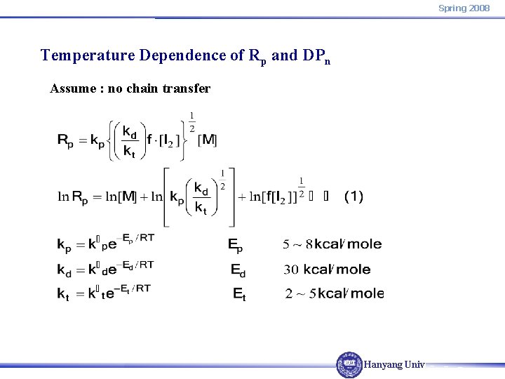 Spring 2008 Temperature Dependence of Rp and DPn Assume : no chain transfer Hanyang