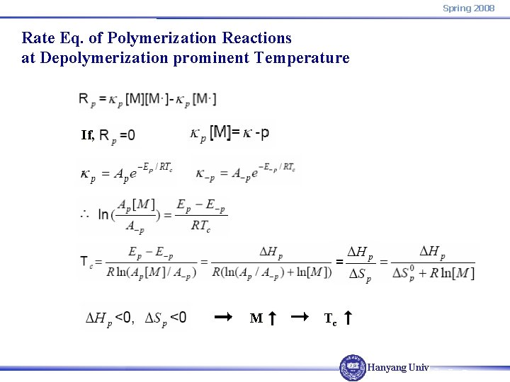 Spring 2008 Rate Eq. of Polymerization Reactions at Depolymerization prominent Temperature If, M Tc