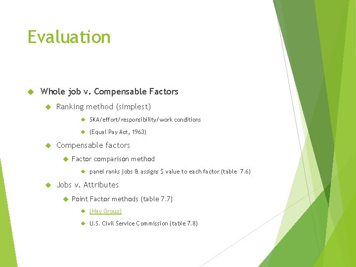 Evaluation Whole job v. Compensable Factors Ranking method (simplest) SKA/effort/responsibility/work conditions (Equal Pay Act,