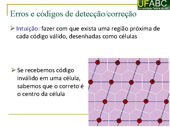 Erros e códigos de detecção/correção Intuição: fazer com que exista uma região próxima de