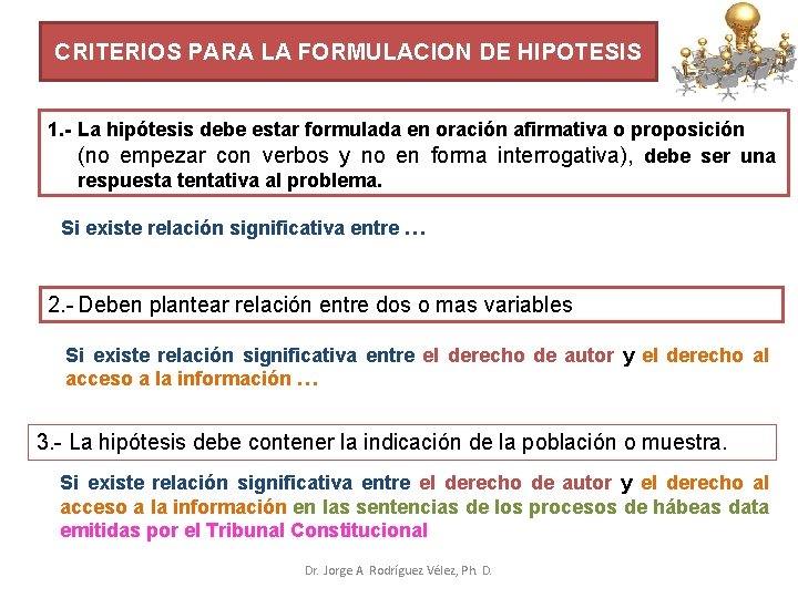 CRITERIOS PARA LA FORMULACION DE HIPOTESIS 1. - La hipótesis debe estar formulada en