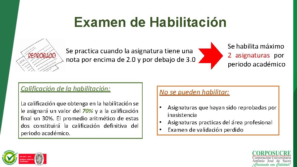 Examen de Habilitación Se practica cuando la asignatura tiene una nota por encima de