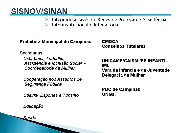 SISNOV/SINAN Ø Integrado através de Redes de Proteção e Assistência Ø Interinstitucional e Intersetorial