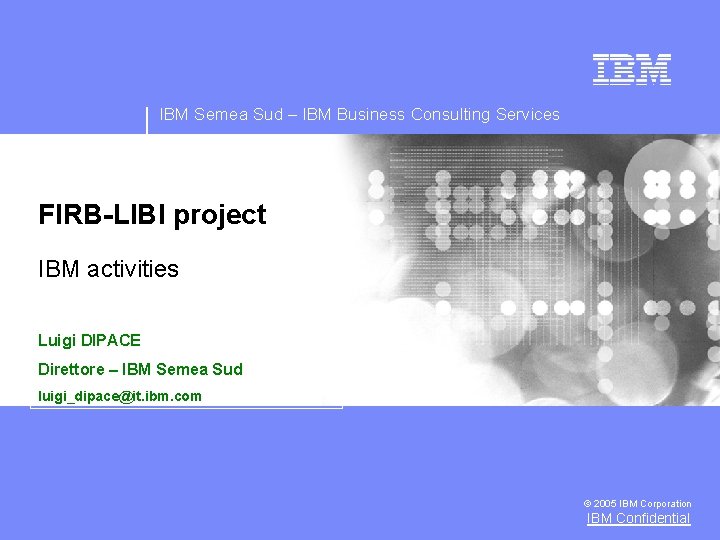 IBM Semea Sud – IBM Business Consulting Services FIRB-LIBI project IBM activities Luigi DIPACE