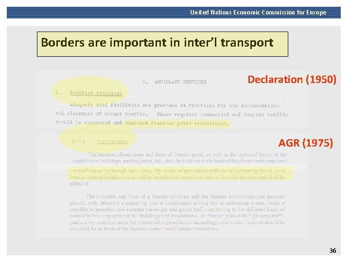 United Nations Economic Commission for Europe Borders are important in inter’l transport Declaration (1950)