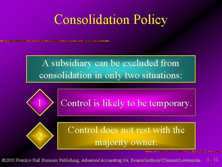 Consolidation Policy A subsidiary can be excluded from consolidation in only two situations: 1