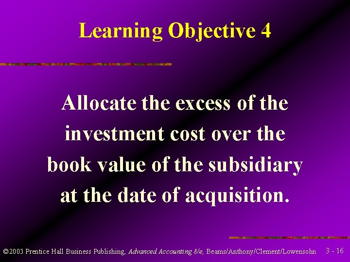 Learning Objective 4 Allocate the excess of the investment cost over the book value