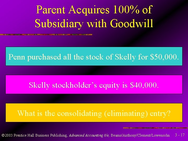 Parent Acquires 100% of Subsidiary with Goodwill Penn purchased all the stock of Skelly