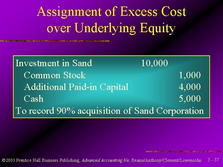 Assignment of Excess Cost over Underlying Equity Investment in Sand 10, 000 Common Stock