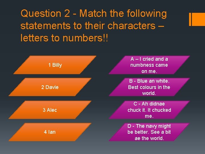 Question 2 - Match the following statements to their characters – letters to numbers!! Question 2 - Match the following statements to their characters – letters to numbers!!