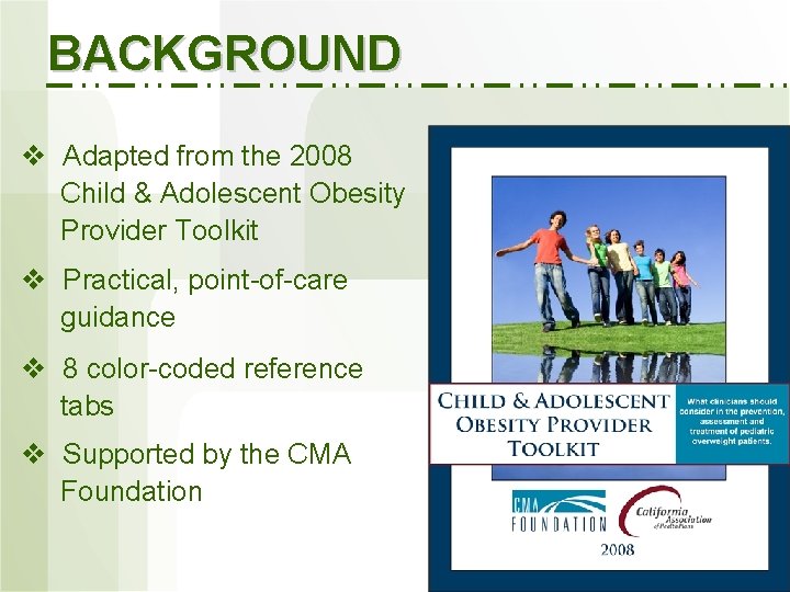 BACKGROUND v Adapted from the 2008 Child & Adolescent Obesity Provider Toolkit v Practical,