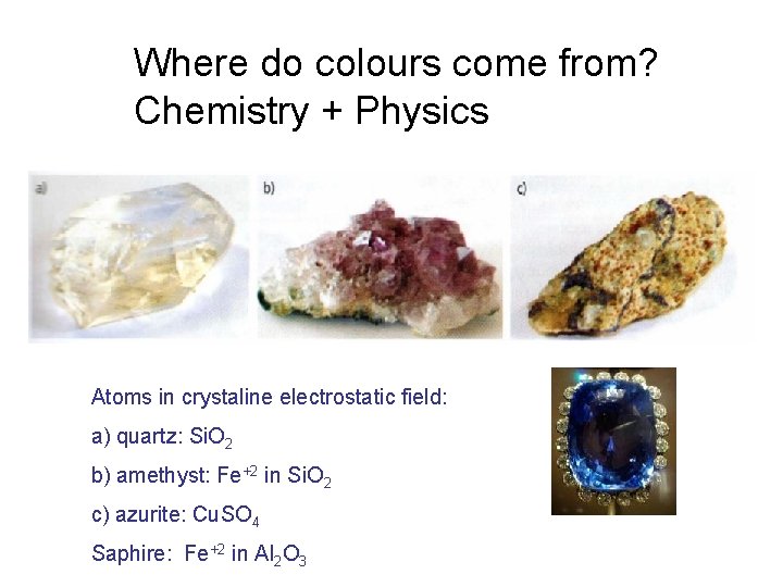Where do colours come from? Chemistry + Physics Atoms in crystaline electrostatic field: a)