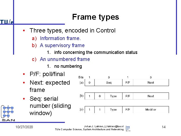 Frame types • Three types, encoded in Control a) Information frame. b) A supervisory Frame types • Three types, encoded in Control a) Information frame. b) A supervisory