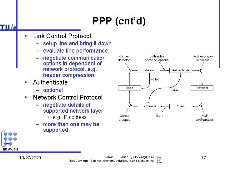 PPP (cnt’d) • Link Control Protocol: – setup line and bring it down – PPP (cnt’d) • Link Control Protocol: – setup line and bring it down –